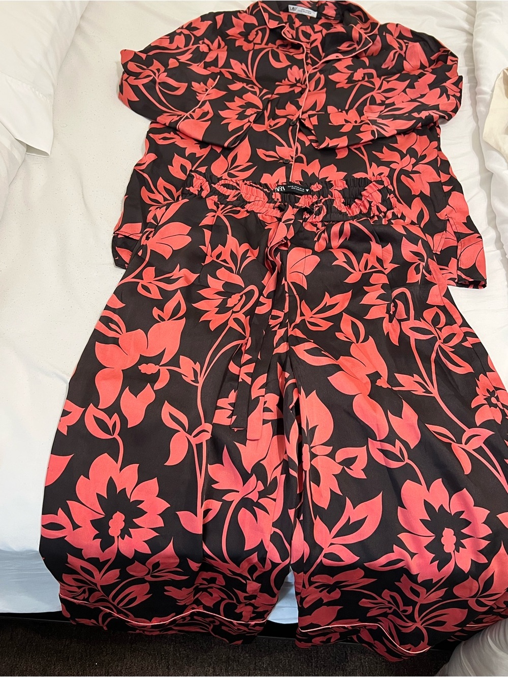 Zara Black and Coral Floral Satin Pajama Set